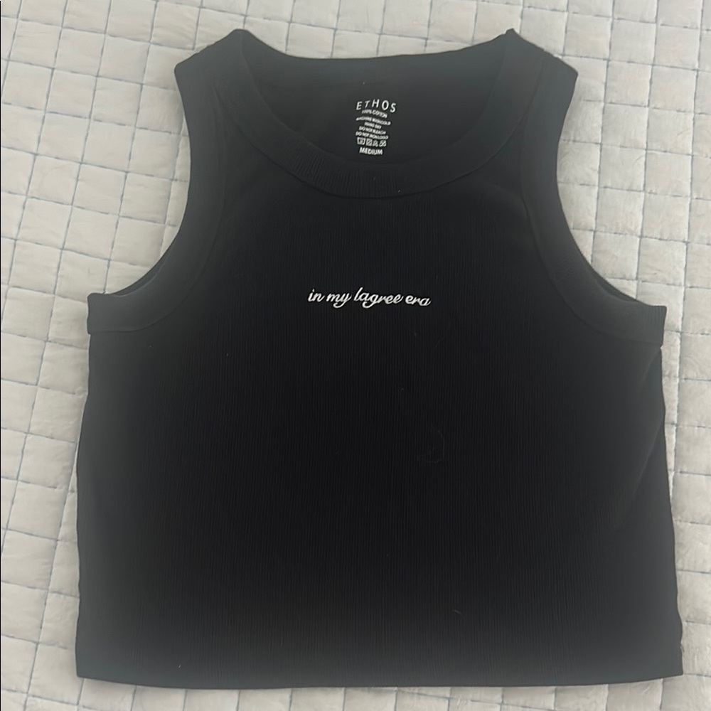 Ethos Black Ribbed Cropped Tank with Script Logo